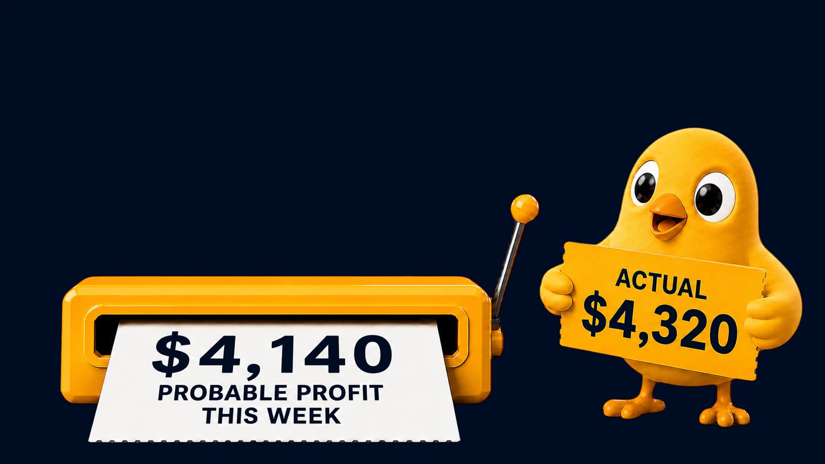 The profit machine showing $4,140 projected profit this week while Little Birdee holds the actual figure of $4,320